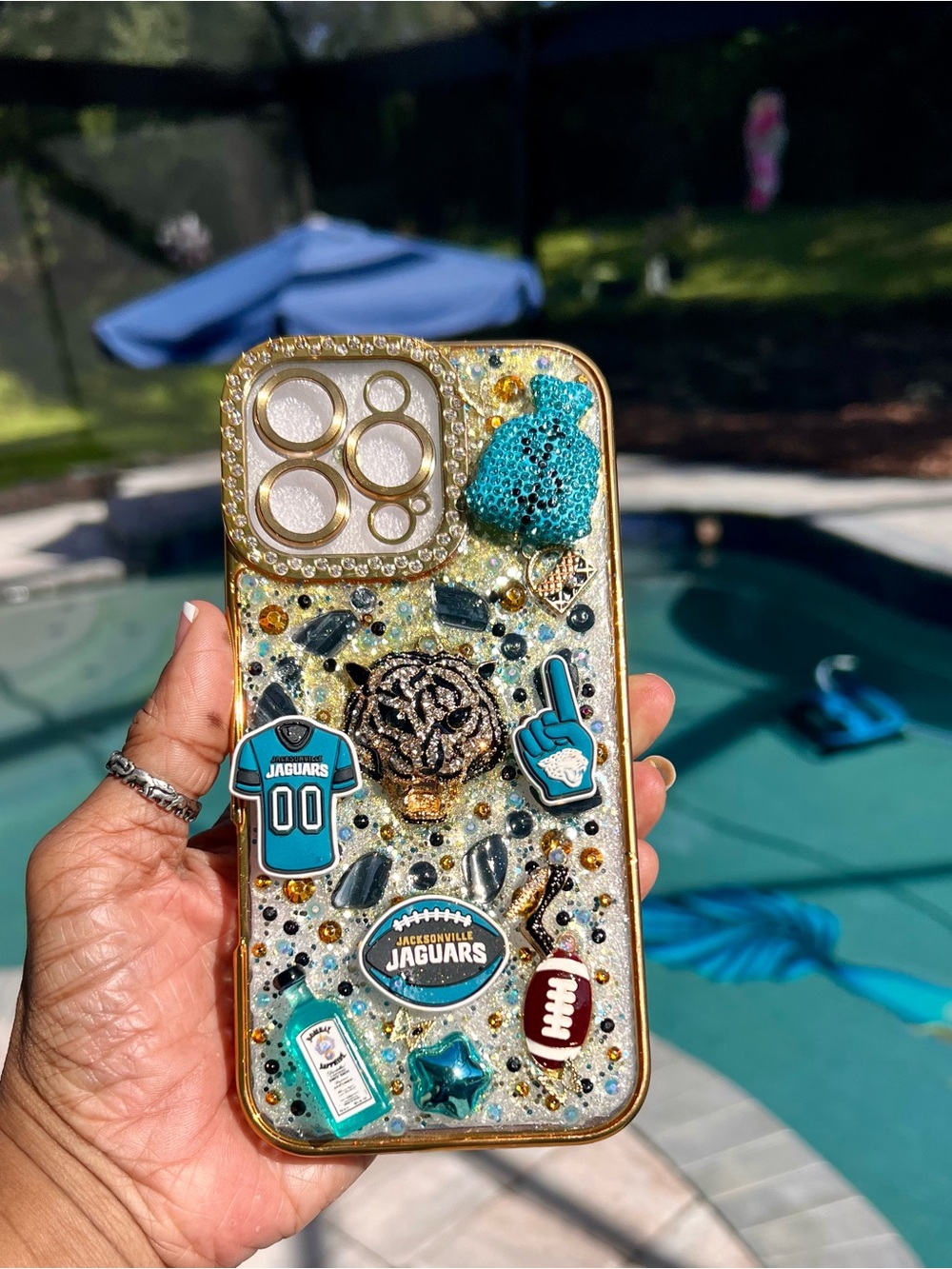 Handmade iPhone 16 Pro Max Bling Case with Jacksonville Jaguars theme